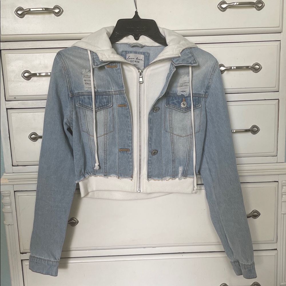 Love Tree Light Blue and White Jean Jacket with Hoodie